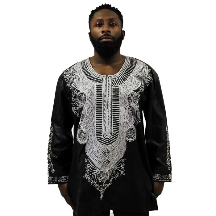Men's Long Sleeve Dashiki Top With Silver Embroidery