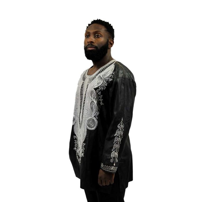 Men's Long Sleeve Dashiki Top With Silver Embroidery - Image 3