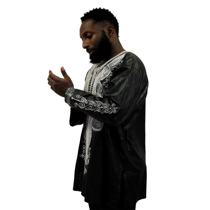 Men's Long Sleeve Dashiki Top With Silver Embroidery - Image 4