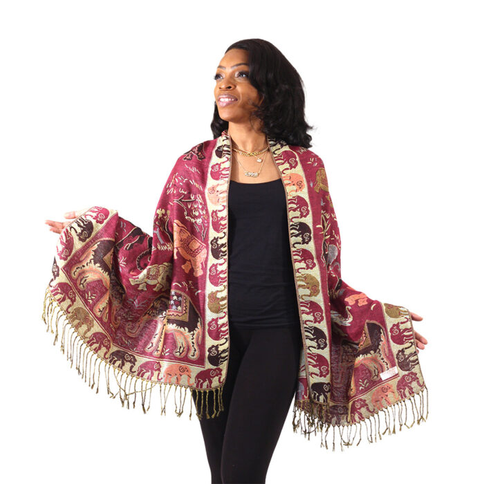 Embroidered Elephant Pashmina And Silk Scarf