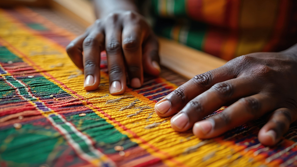 Kente weaving process shown by tailor's hands and Kente threading