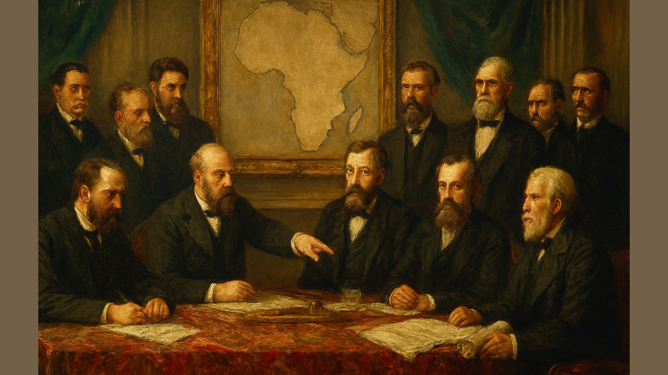 Meeting between European Powers Group of European leaders meeting as they discuss colonization of Africa