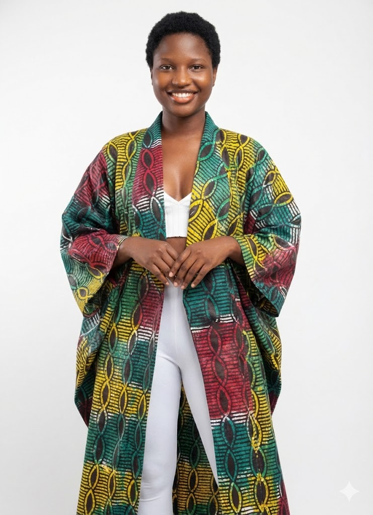 African Chain-Print Kampala/ Alligator Batik Long Kimono Jacket For Women - Image 3