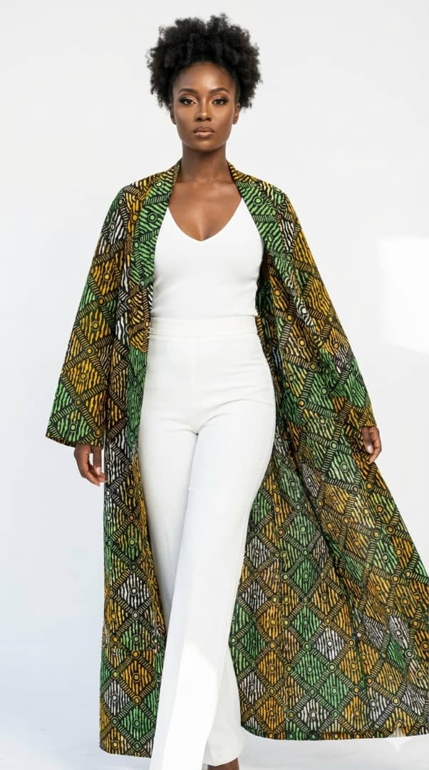 African Chain-Print Kampala/ Alligator Batik Long Kimono Jacket For Women